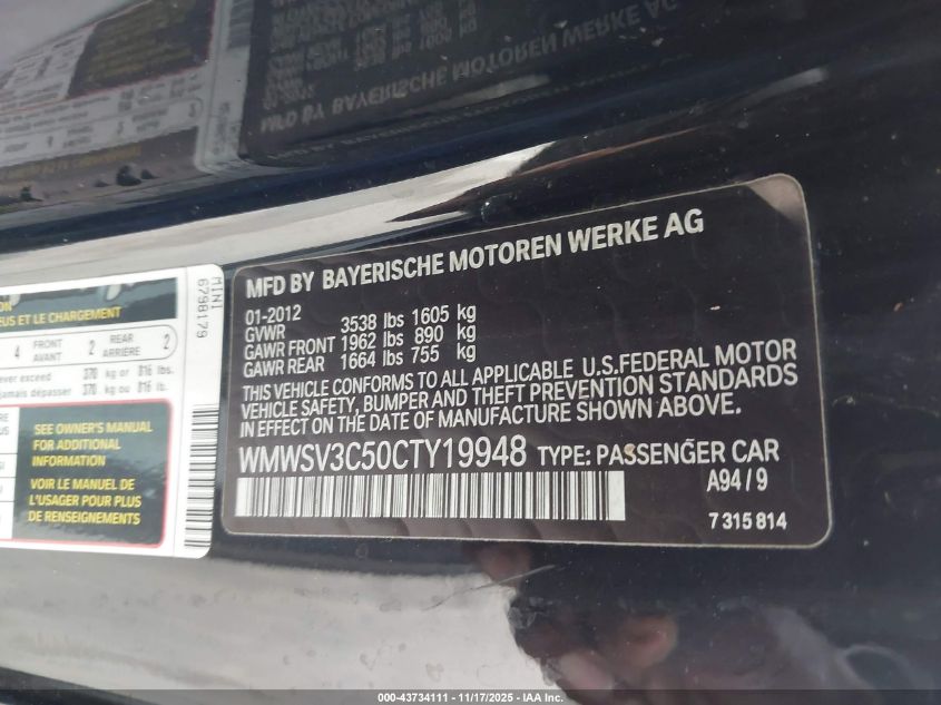 2012 Mini Cooper S VIN: WMWSV3C50CTY19948 Lot: 43734111