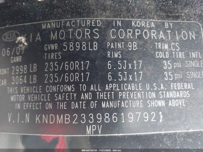 2008 Kia Sedona Ex VIN: KNDMB233986197921 Lot: 43734119