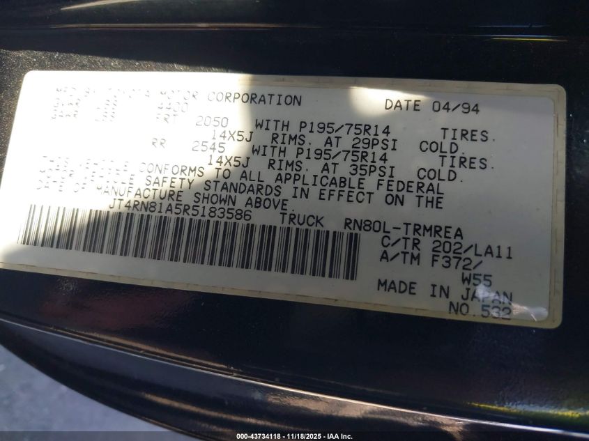 1994 Toyota Pickup 1/2 Ton Short Wheelbase VIN: JT4RN81A5R5183586 Lot: 43734118