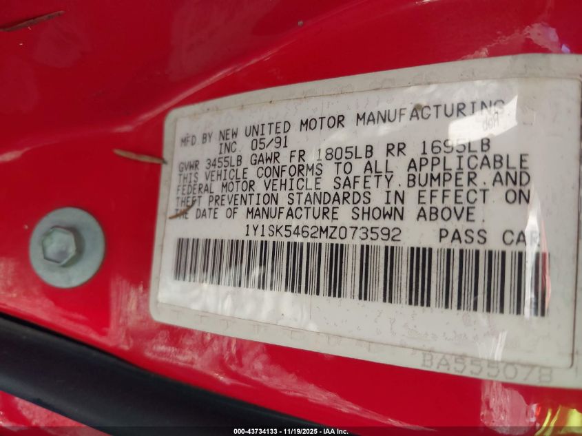 1991 Geo Prizm Lsi VIN: 1Y1SK5462MZ073592 Lot: 43734133