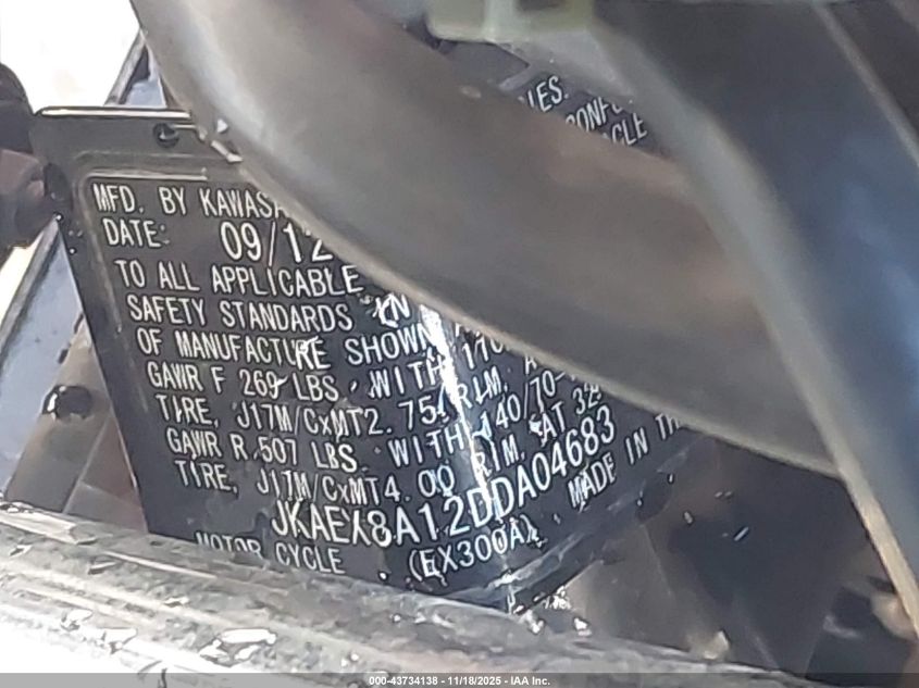 2013 Kawasaki Ex300 A VIN: JKAEX8A12DDA04683 Lot: 43734138
