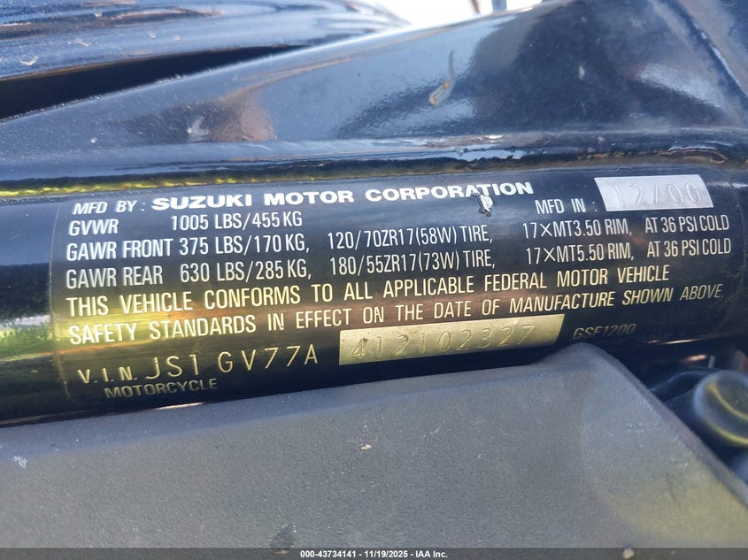 2001 Suzuki Gsf1200 S VIN: JS1GV77A412102327 Lot: 43734141