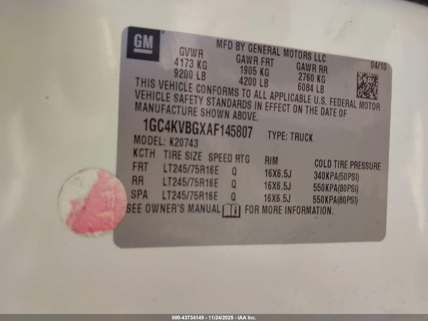 2010 Chevrolet Silverado 2500Hd Work Truck VIN: 1GC4KVBGXAF145807 Lot: 43734149