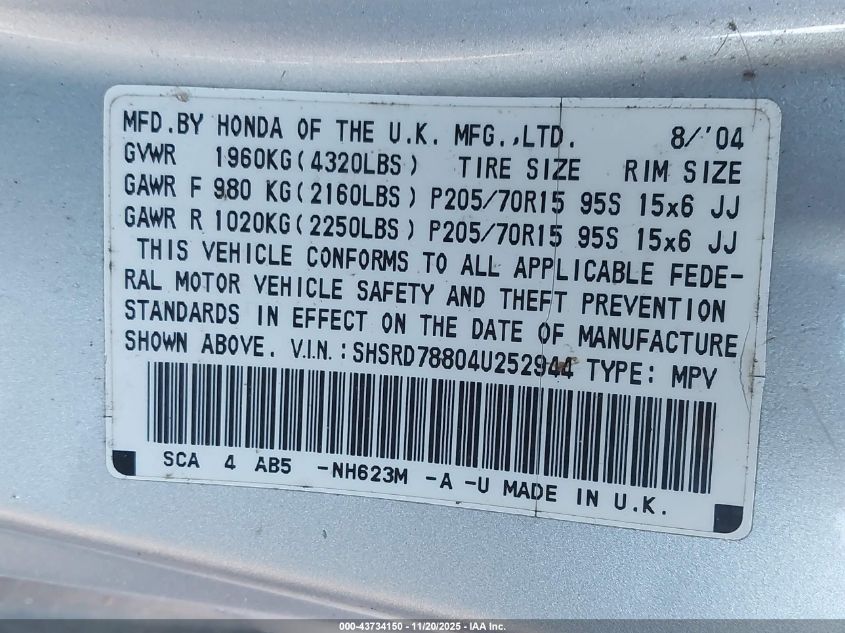 2004 Honda Cr-V Ex VIN: SHSRD78804U252944 Lot: 43734150