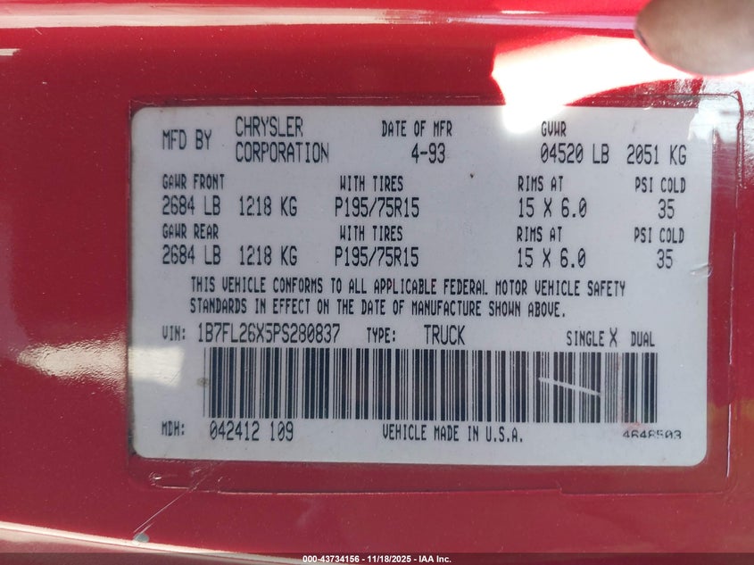 1993 Dodge Dakota VIN: 1B7FL26X5PS280837 Lot: 43734156