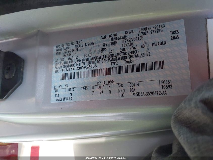 2008 Ford E-150 Commercial/Recreational VIN: 1FTNE14LX8DA28636 Lot: 43734163