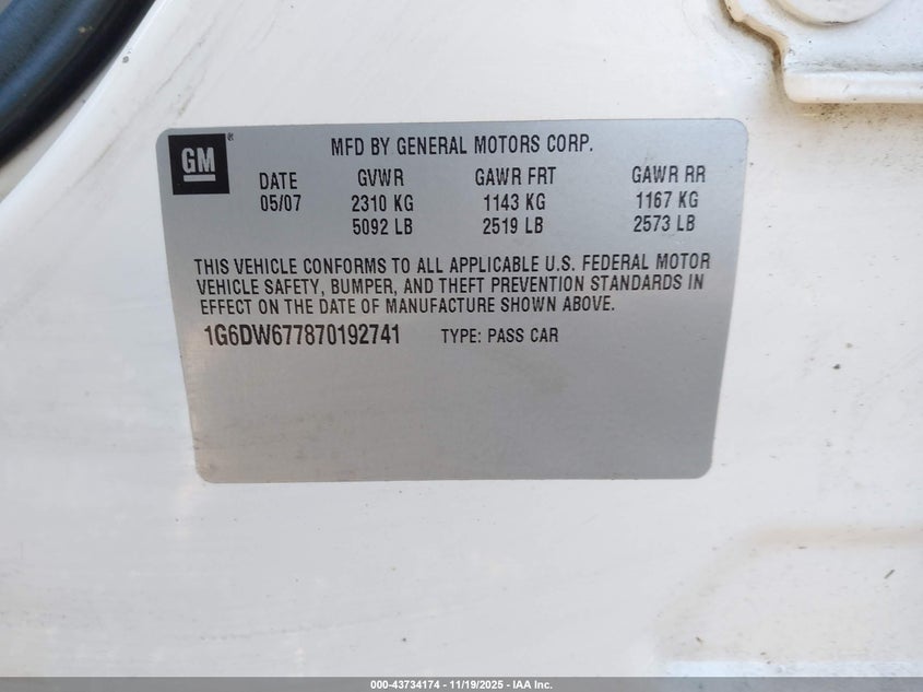 2007 Cadillac Sts V6 VIN: 1G6DW677870192741 Lot: 43734174