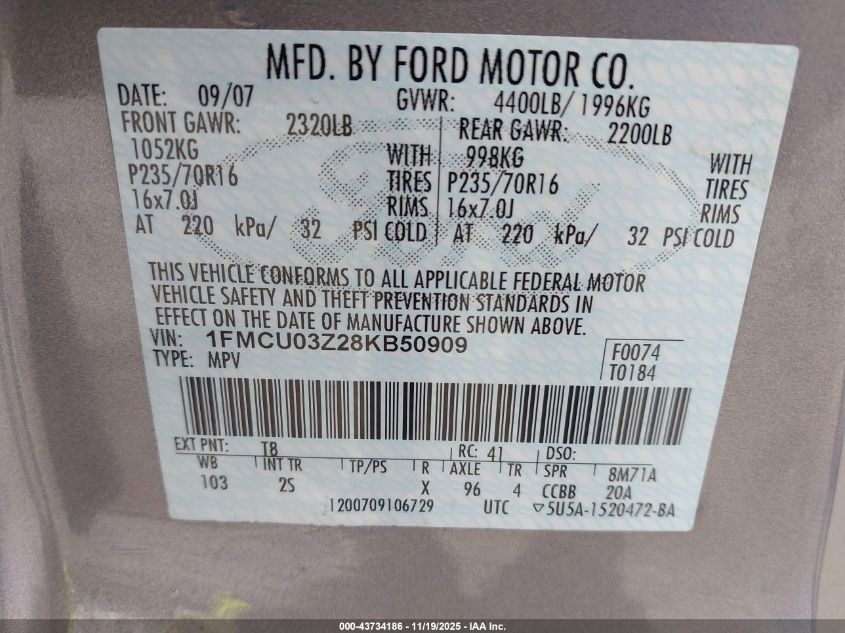 2008 Ford Escape Xlt VIN: 1FMCU03Z28KB50909 Lot: 43734186