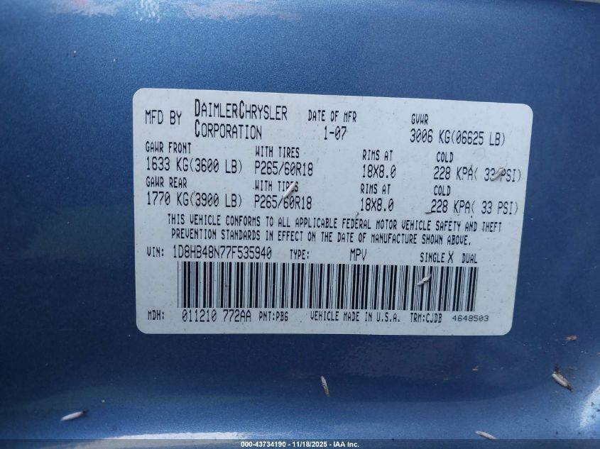 2007 Dodge Durango Slt VIN: 1D8HB48N77F535940 Lot: 43734190