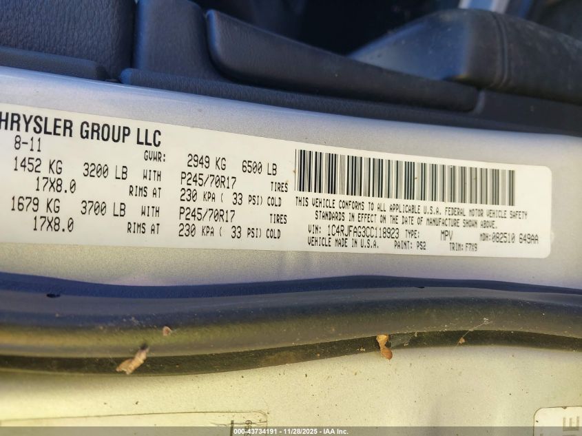 2012 Jeep Grand Cherokee Laredo VIN: 1C4RJFAG3CC118923 Lot: 43734191