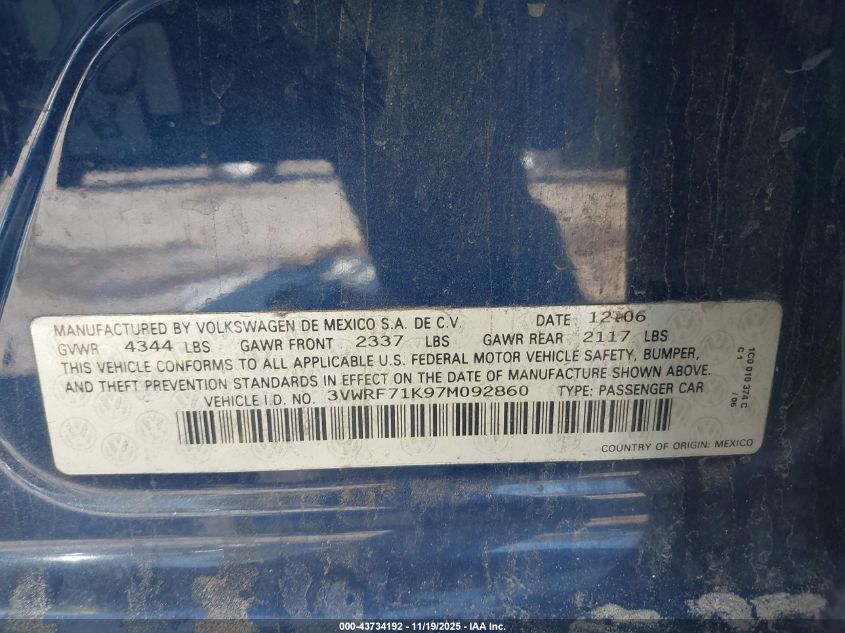 2007 Volkswagen Jetta 2.5 VIN: 3VWRF71K97M092860 Lot: 43734192