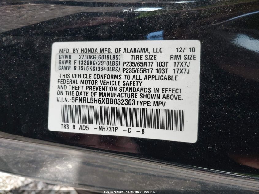 2011 Honda Odyssey Ex-L VIN: 5FNRL5H6XBB032303 Lot: 43734201
