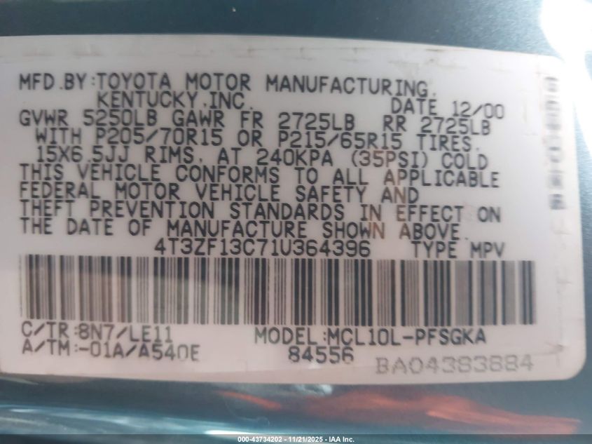 2001 Toyota Sienna Xle VIN: 4T3ZF13C71U364396 Lot: 43734202