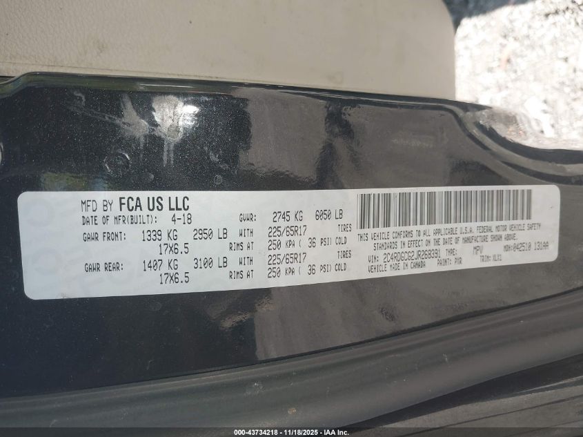 2018 Dodge Grand Caravan Sxt VIN: 2C4RDGCG2JR268391 Lot: 43734218