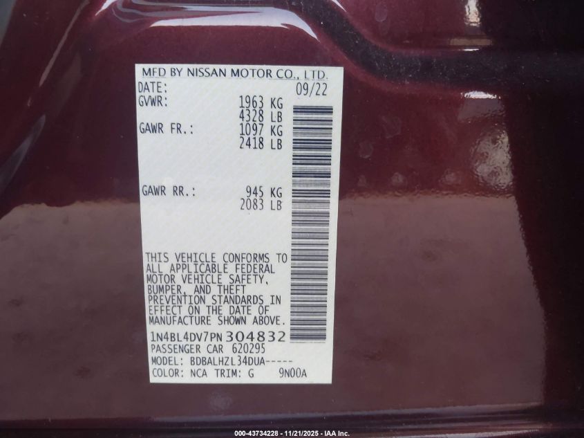 2023 Nissan Altima Sv Fwd VIN: 1N4BL4DV7PN304832 Lot: 43734228