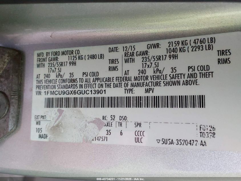 2016 Ford Escape Se VIN: 1FMCU9GX6GUC13901 Lot: 43734231