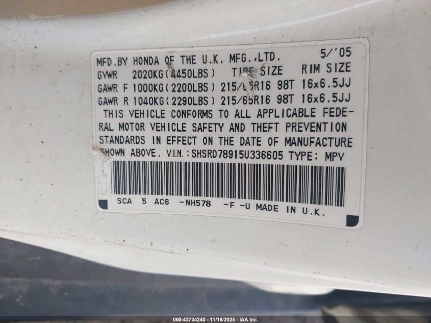 2005 Honda Cr-V Se VIN: SHSRD78915U336605 Lot: 43734240