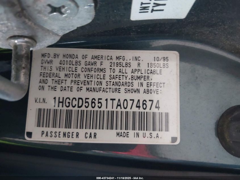 1996 Honda Accord Ex/Ex-R VIN: 1HGCD5651TA074674 Lot: 43734241