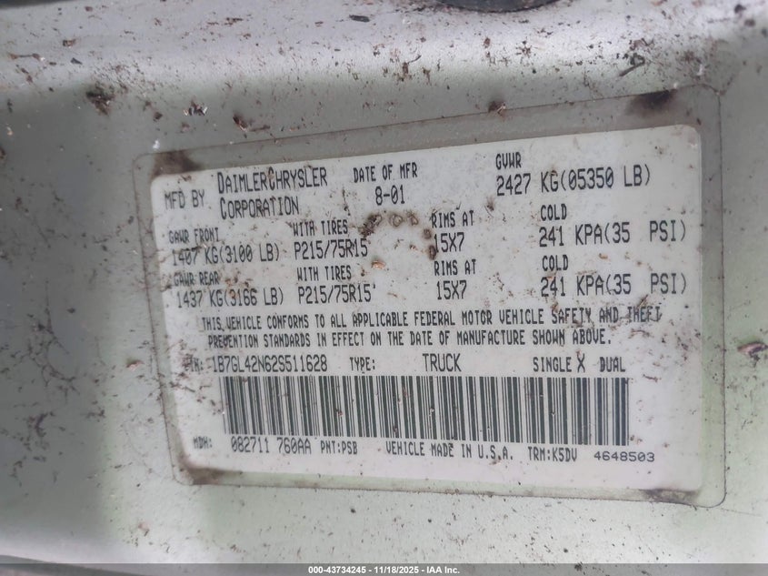 2002 Dodge Dakota Slt VIN: 1B7GL42N62S511628 Lot: 43734245