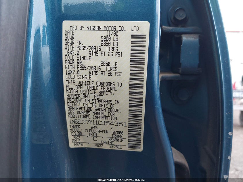 1N6ED27Y11C354351 2001 NISSAN NAVARA (FRONTIER) photo no. 9