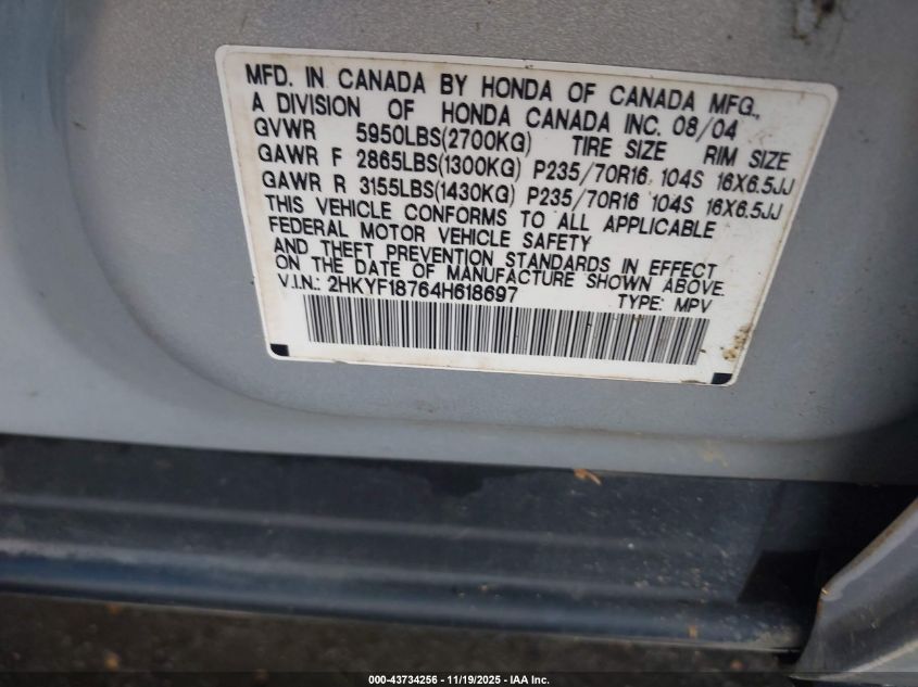 2004 Honda Pilot Ex-L VIN: 2HKYF18764H618697 Lot: 43734256