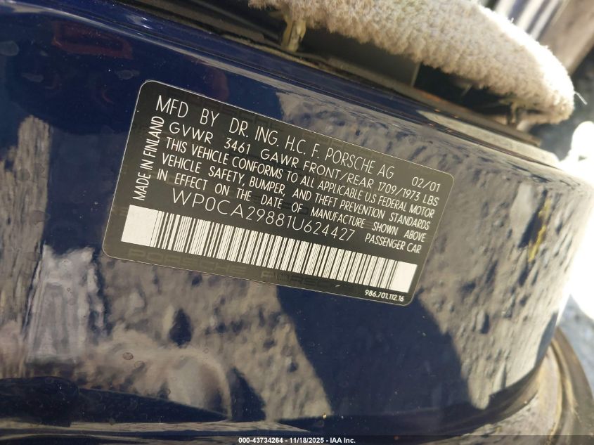 2001 Porsche Boxster VIN: WP0CA29881U624427 Lot: 43734264