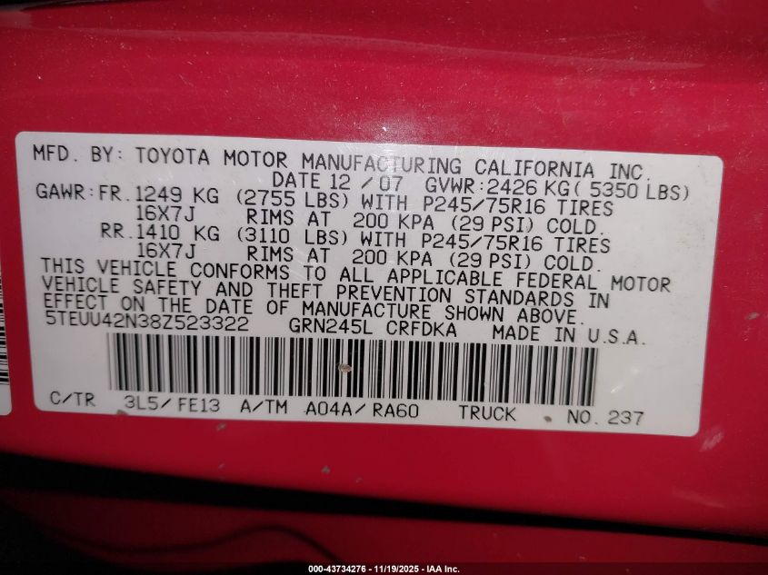 2008 Toyota Tacoma Base V6 VIN: 5TEUU42N38Z523322 Lot: 43734276