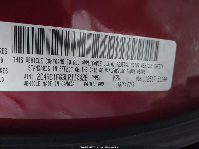 2020 Chrysler Pacifica Touring VIN: 2C4RC1FG3LR110026 Lot: 43734277