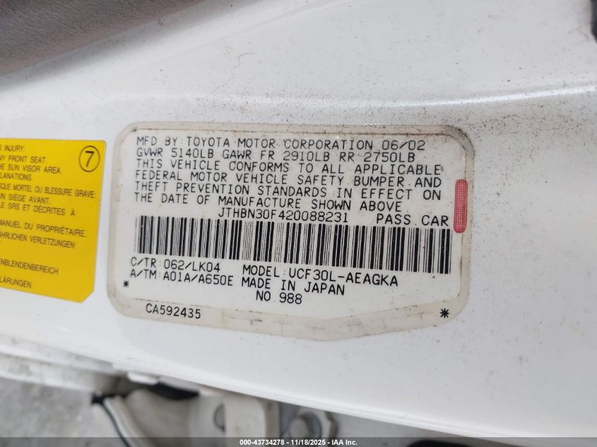 2002 Lexus Ls 430 VIN: JTHBN30F420088231 Lot: 43734278