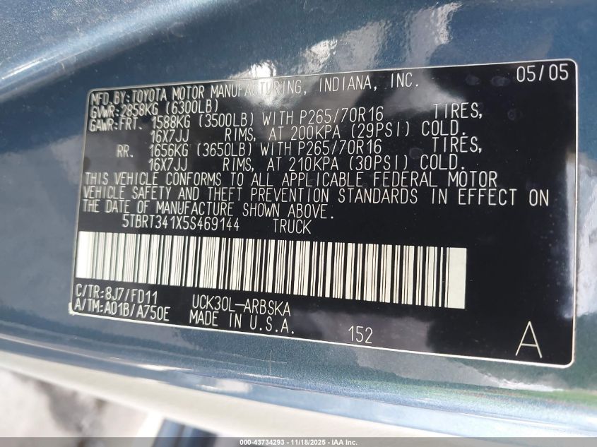 2005 Toyota Tundra Sr5 V8 VIN: 5TBRT341X5S469144 Lot: 43734293