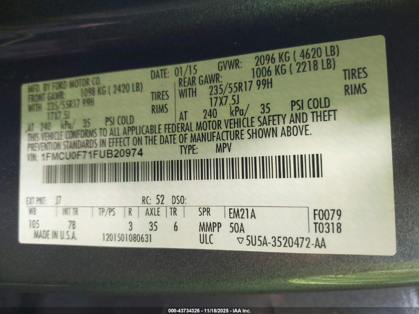 2015 Ford Escape S VIN: 1FMCU0F71FUB20974 Lot: 43734326