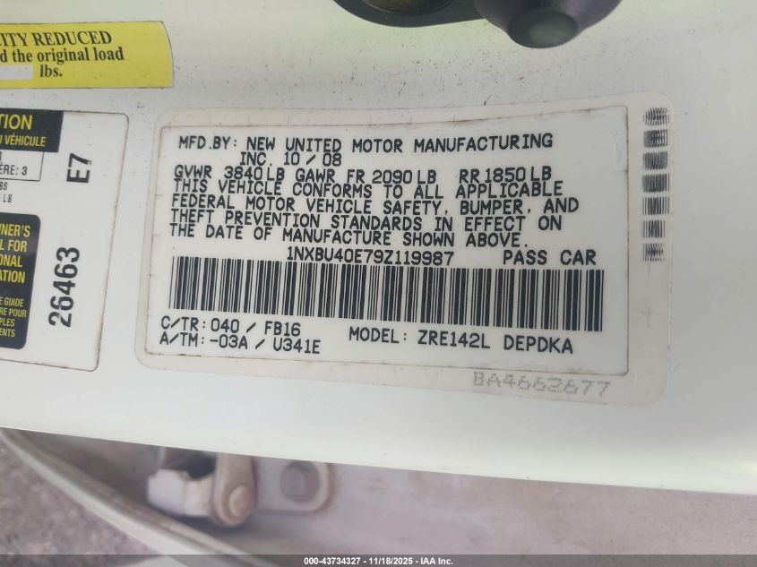 2009 Toyota Corolla VIN: 1NXBU40E79Z119987 Lot: 43734327