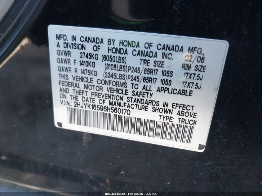 2006 Honda Ridgeline Rtl VIN: 2HJYK16596H560170 Lot: 43734332