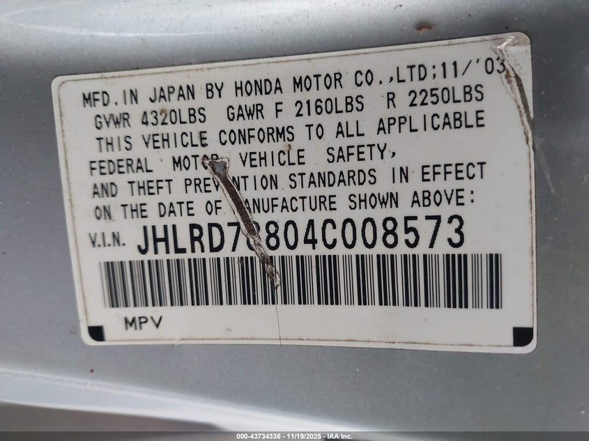 2004 Honda Cr-V Ex VIN: JHLRD78804C008573 Lot: 43734336