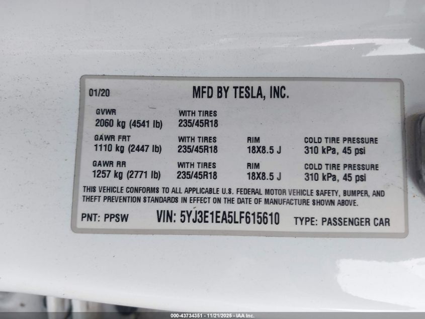 2020 Tesla Model 3 Standard Range Plus Rear-Wheel Drive/Standard Range Rear-Wheel Drive VIN: 5YJ3E1EA5LF615610 Lot: 43734351