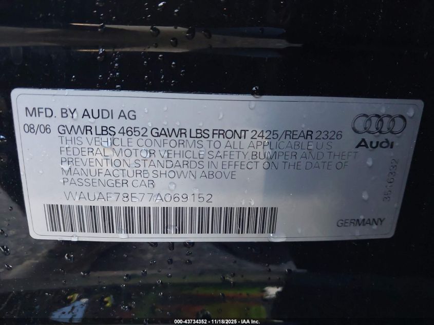 2007 Audi A4 2.0T VIN: WAUAF78E77A069152 Lot: 43734352