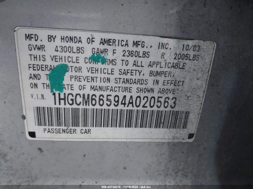 1HGCM66594A020563 2004 HONDA ACCORD photo no. 9