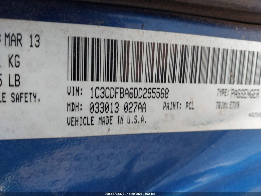 2013 Dodge Dart Sxt VIN: 1C3CDFBA6DD295568 Lot: 43734373