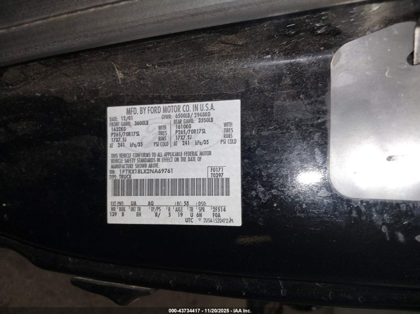 2002 Ford F-150 Lariat/Xl/Xlt VIN: 1FTRX18LX2NA69761 Lot: 43734417