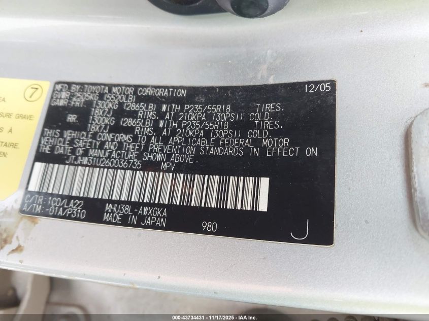 2006 Lexus Rx 400H VIN: JTJHW31U260036735 Lot: 43734431