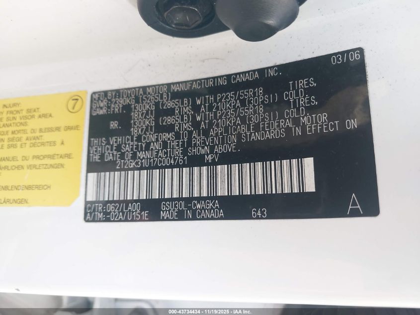 2007 Lexus Rx 350 VIN: 2T2GK31U17C004761 Lot: 43734434