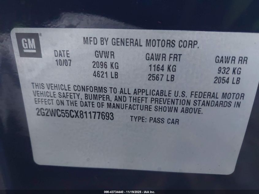 2008 Pontiac Grand Prix Gxp VIN: 2G2WC55CX81177693 Lot: 43734440