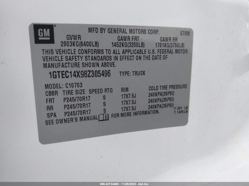 2008 GMC Sierra 1500 Work Truck VIN: 1GTEC14X98Z305496 Lot: 43734460