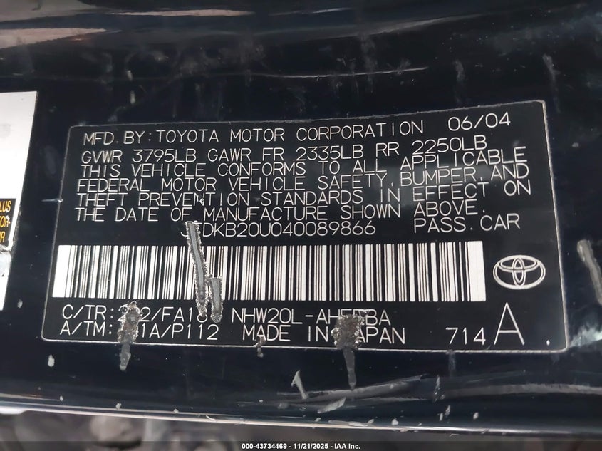 2004 Toyota Prius VIN: JTDKB20U040089866 Lot: 43734469