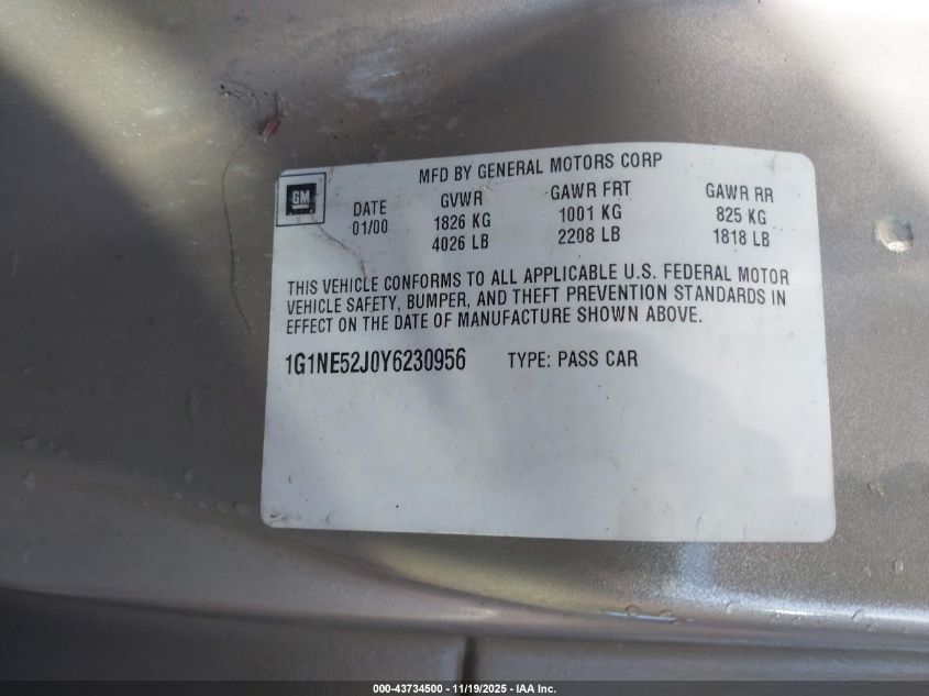 2000 Chevrolet Malibu Ls VIN: 1G1NE52J0Y6230956 Lot: 43734500