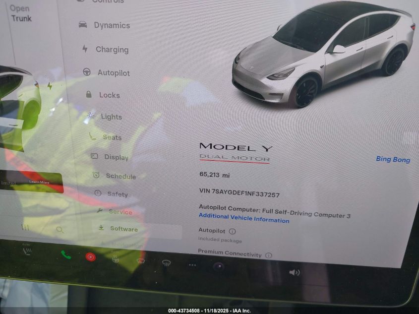 2022 Tesla Model Y Performance Dual Motor All-Wheel Drive VIN: 7SAYGDEF1NF337257 Lot: 43734508