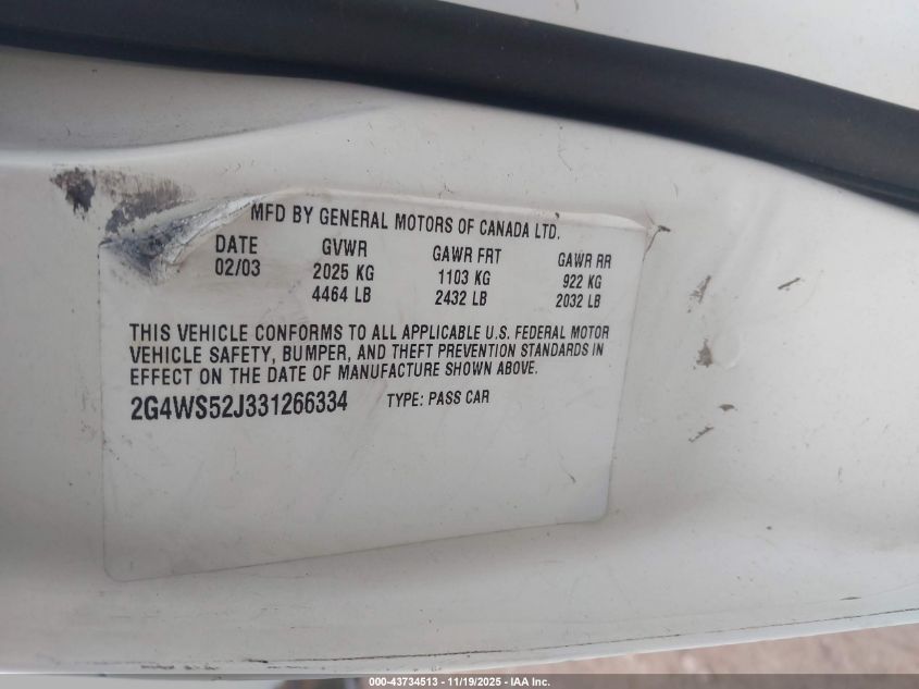 2003 Buick Century Custom VIN: 2G4WS52J331266334 Lot: 43734513