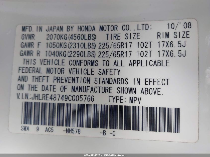 2009 Honda Cr-V Ex-L VIN: JHLRE48749C005766 Lot: 43734526