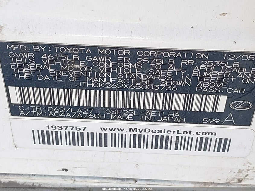 2006 Lexus Is 250 VIN: JTHCK262X65003736 Lot: 43734535