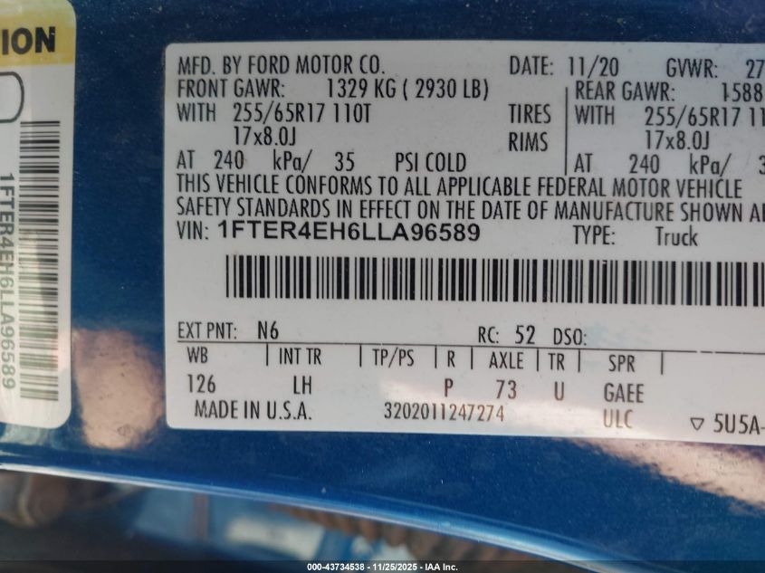 2020 Ford Ranger Xlt VIN: 1FTER4EH6LLA96589 Lot: 43734538